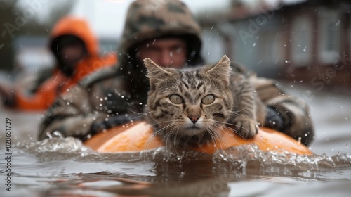 Rescue team evacuating cat on boat during flood. A cat sits at the prow of a yellow rescue boat manned by a team in safety gear amidst floodwaters