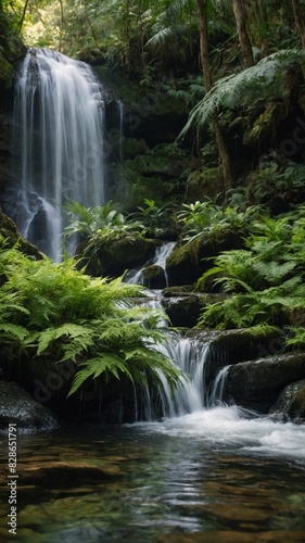 Serene waterfall cascades gently over moss-covered rocks into tranquil pool below  surrounded by lush ferns  dense foliage of verdant forest. Sunlight filters through canopy.