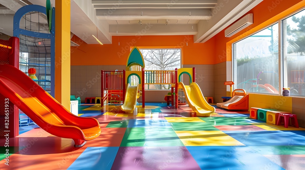 At the kindergarten art exhibition, there is an indoor playground with slides and windows on one side. The floor has colorful paint patterns, creating a cheerful atmosphere for children to play.