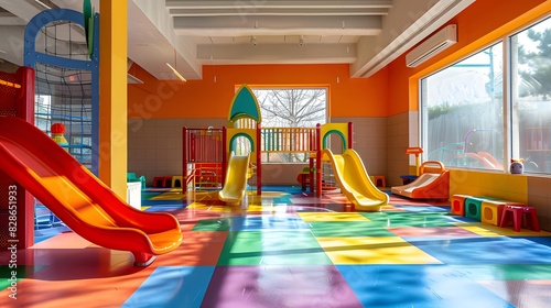 At the kindergarten art exhibition, there is an indoor playground with slides and windows on one side. The floor has colorful paint patterns, creating a cheerful atmosphere for children to play. © horizon