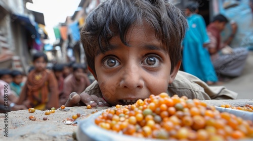 An expressive Indian child with wide eyes peeks over a plate of colorful fruits  adding charm and liveliness to the scene