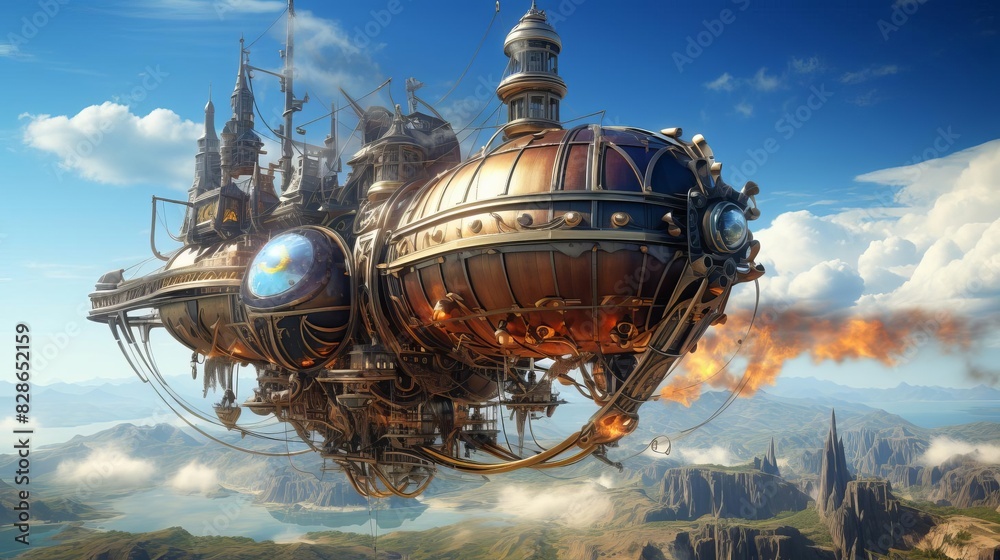A steampunk airship harvesting clean energy from a swirling vortex of air