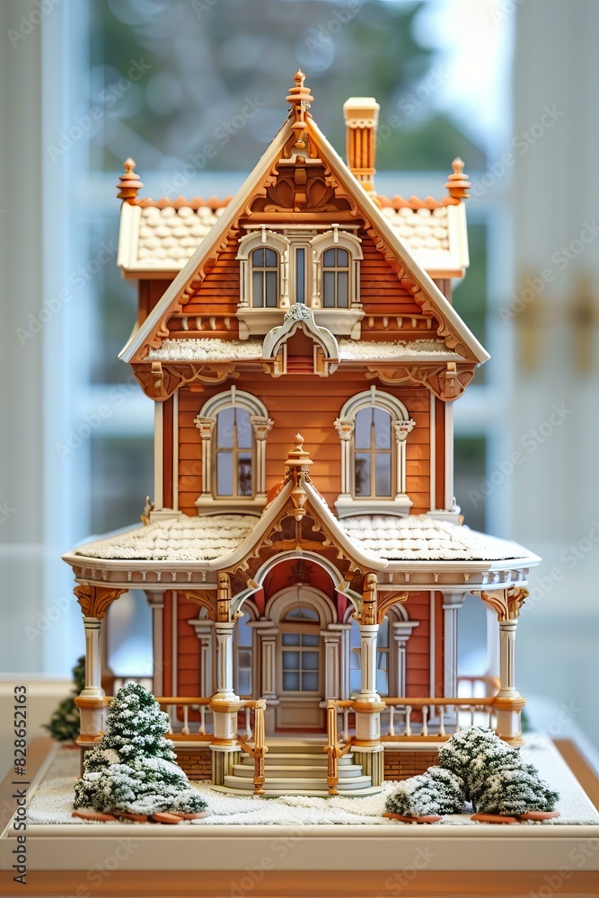 Fototapeta premium Victorian Style Dollhouse with Snow Covered Roof