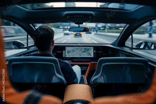 Man working in a modern autonomous vehicle with a spacious interior, showcasing advanced self driving technology and urban mobility innovation