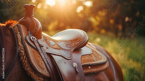 Beautiful closeup of brown leather saddle on horse, sunlight and green background. banner with copy space area. photo