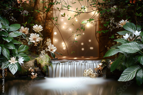 Serene Garden Waterfall with Blooming Flowers