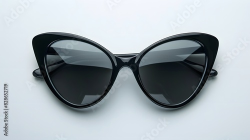 Black sunglasses with cateye shape on white background, top view.