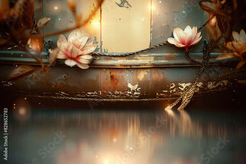 Rustic Metal Background with Blooming Flowers