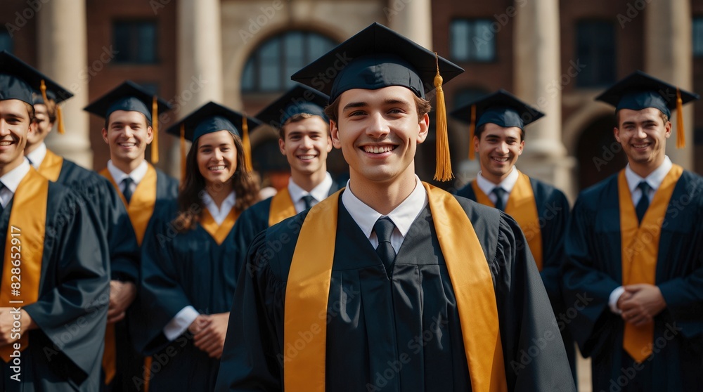 Happy university graduate with diploma, surrounded by fellow graduates- Happy university graduate with diploma, surrounded by fellow graduates-