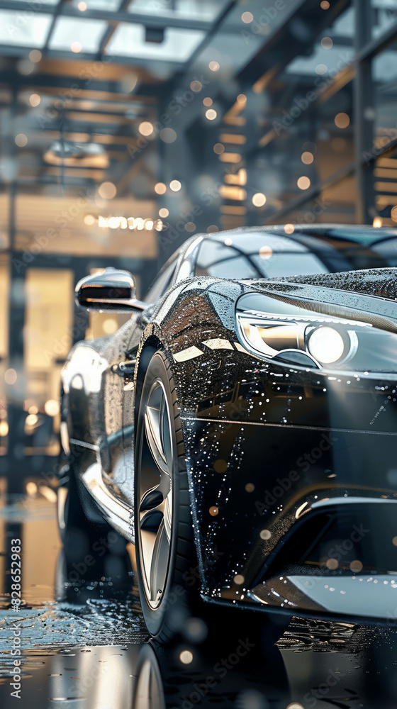 A luxury car exits a car wash, its front view gleaming with a fresh, clean look. The automobile's detailing highlights the high-quality service. Designed with AI generative. A luxury car exits a car wash, its front view gleaming with a fresh, clean look. The automobile's detailing highlights the high-quality service. Designed with AI generative.