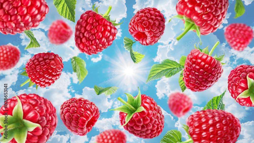 Flying juicy raspberries against the background of the sky with clouds. Flying juicy raspberries against the background of the sky with clouds.