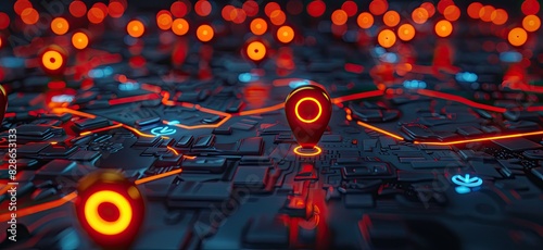 Futuristic Navigation Interface with Bright Pins