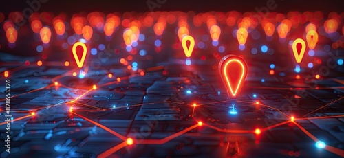 Neon GPS Markers on a High-Tech Circuit Board