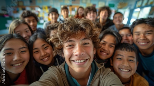 A diverse group of teenage students sharing a moment with a group selfie