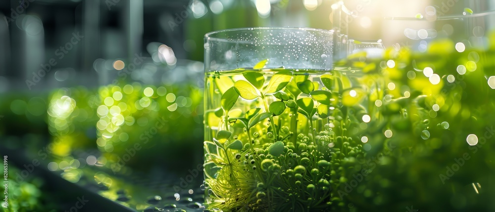 Close-up of a glass beaker filled with a green liquid and green plants growing inside it. Close-up of a glass beaker filled with a green liquid and green plants growing inside it.