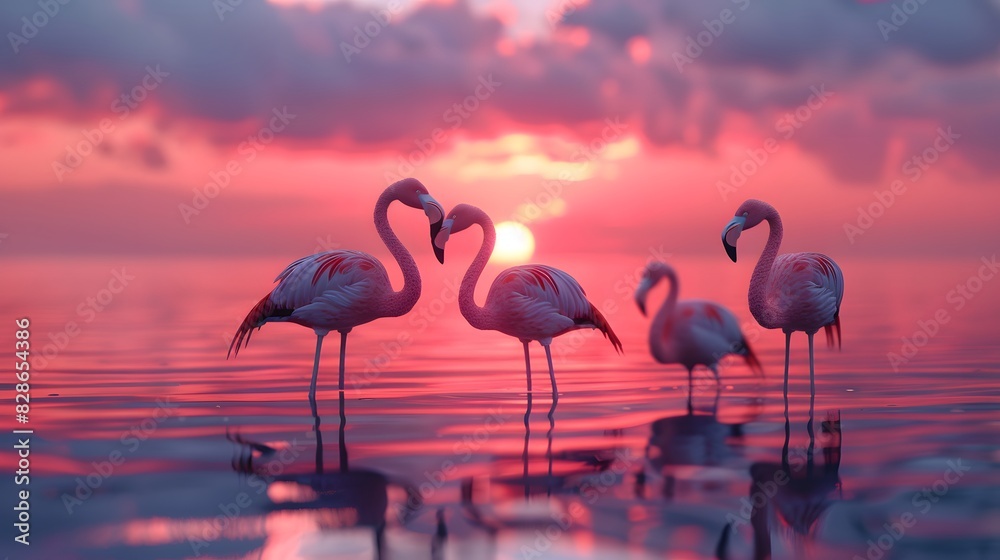 Fototapeta premium Flamingos standing in shallow water at sunset, photo realistic, in the style of national geographic style.