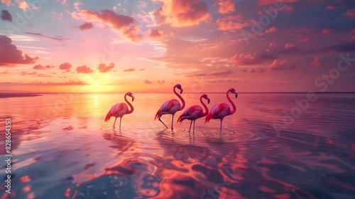 Flamingos standing in shallow water at sunset, photo realistic, in the style of national geographic style.