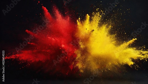 Red and yellow colored powder explosions on black background. Holi paint powder splash