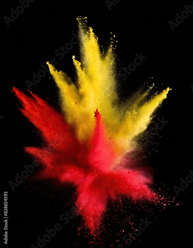 Red and yellow colored powder explosions on black background. Holi paint powder splash