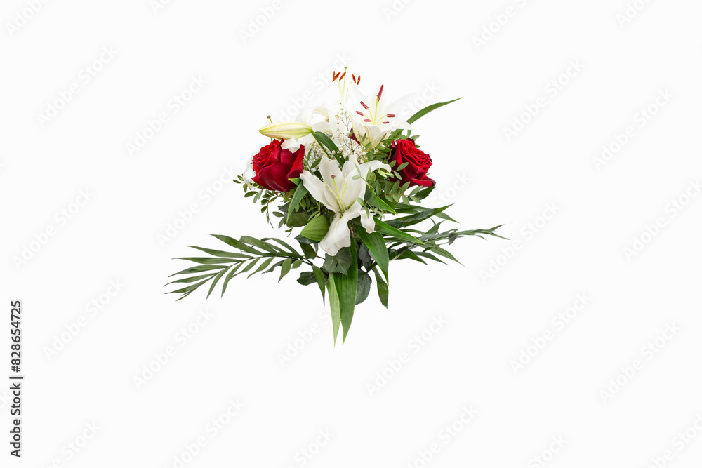 Beautiful flowers bouquet with white lilies, red roses and palm leaves, isolated on white background