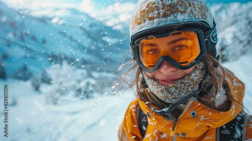 A snowboarder with snowflakes swirling around faces a heavy blizzard in winter gear, highlighting resilience