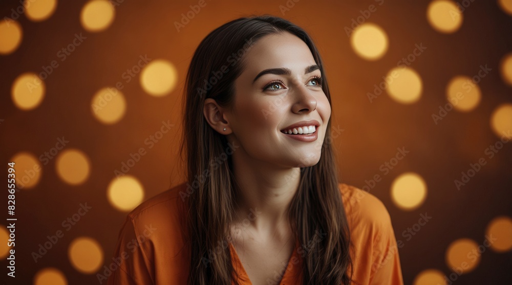 Woman with a joyful expression looking sideways in surprise, isolated on orange background. Woman with a joyful expression looking sideways in surprise, isolated on orange background.