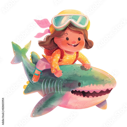 Cute diver riding shark white background (5)
