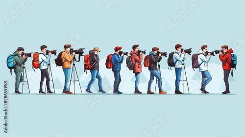 Photo cartoon comics sketch collage of photographers in photography industry chain isolated light blue background