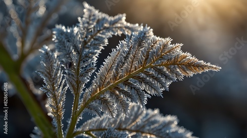 A macro shot capturing the intricate patterns of frost on a delicate leaf, each crystal sparkling in the morning sun	
