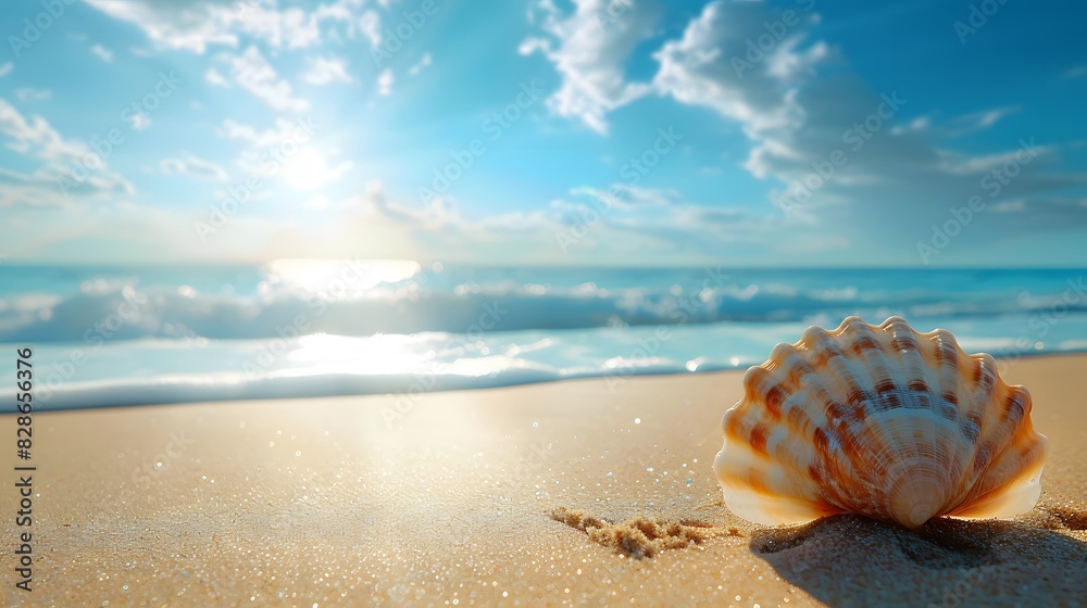 A seashell on the beach with an ocean view in the background, sunlight and blue sky. Web banner with empty space on the left. A seashell on the beach with an ocean view in the background, sunlight and blue sky. Web banner with empty space on the left.