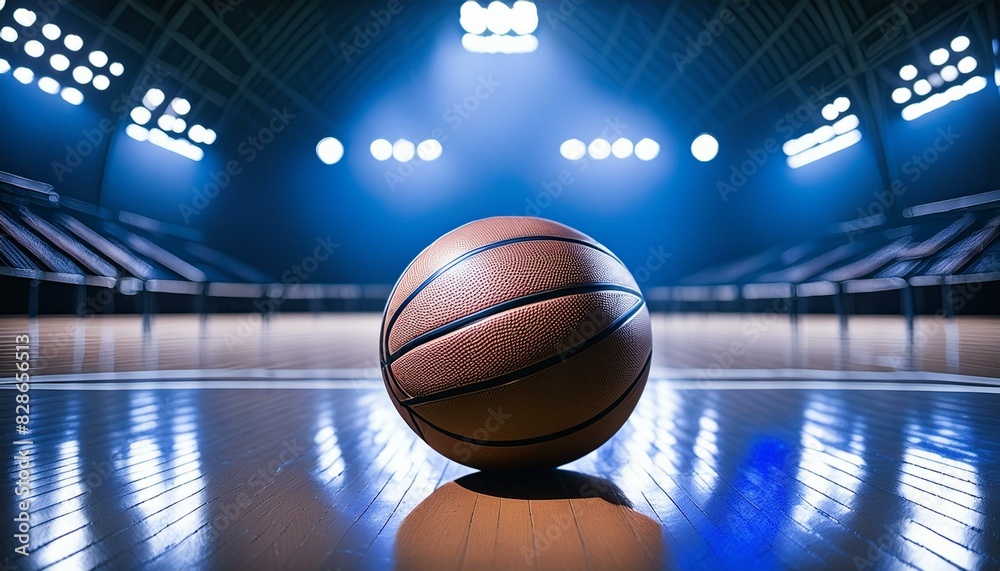 a basketball ball resting on the polished floor of a basketball arena, viewed from a low angle under dim lights. The dark blue atmosphere sets the stage for an immensely detailed scene a basketball ball resting on the polished floor of a basketball arena, viewed from a low angle under dim lights. The dark blue atmosphere sets the stage for an immensely detailed scene