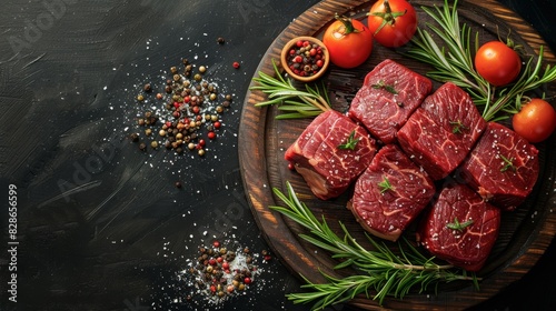 Raw beef steaks sprinkled with spices beside cherry tomatoes and fresh herbs on a dark plate