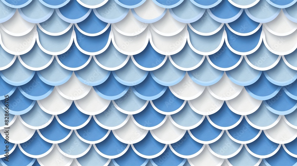 A blue and white cutout pattern with simple symmetrical fish scale design. A blue and white cutout pattern with simple symmetrical fish scale design.
