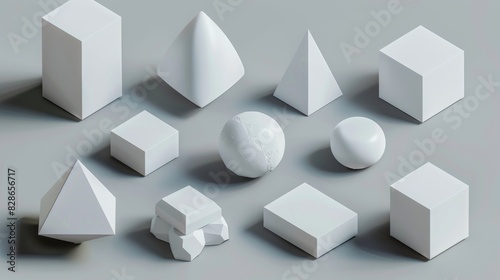 Set of smooth white geometric shapes  various angles  gray background