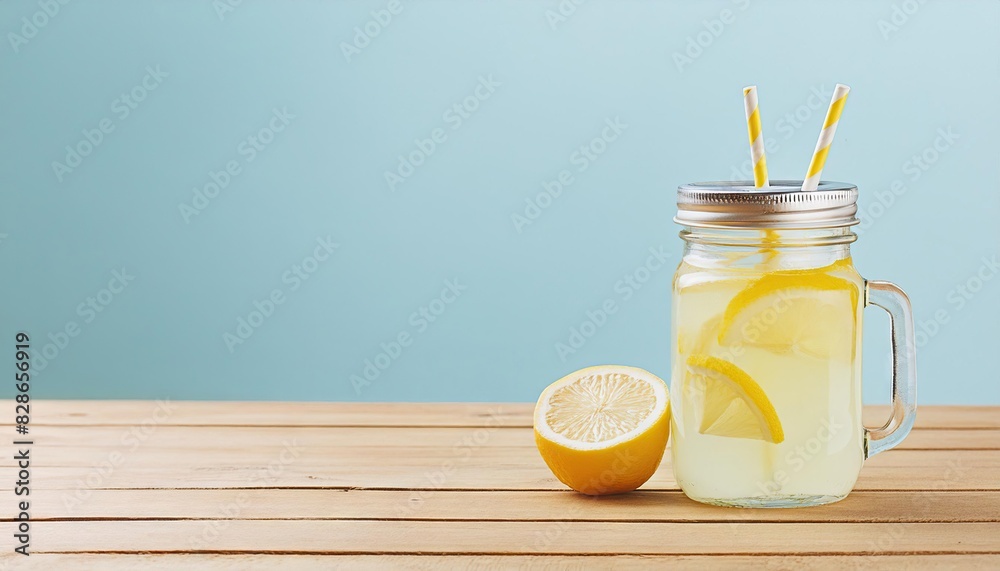 Fototapeta premium Natural lemonade in mason jar on wooden table