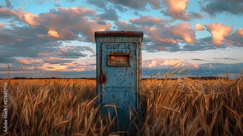 An old blue postbox in the middle of a wheat field with clouds during golden hour.