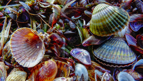 Shells of marine bivalve mollusks in storm discharges - Monodacna sp., Cerastoderma sp., Mytilaster  lineatus photo