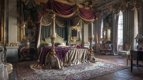 A lavish bedroom featuring a four-poster bed draped in lush velvets, with an antique area rug and ornate gold mirrors completing the regal look.