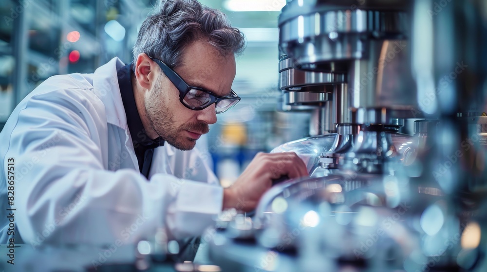 A man in a lab coat is looking at a machine A man in a lab coat is looking at a machine