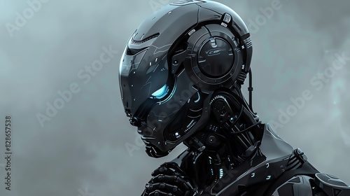 A dark, brooding robot stares off into the distance. Its eyes are a deep, piercing blue, and its face is expressionless.