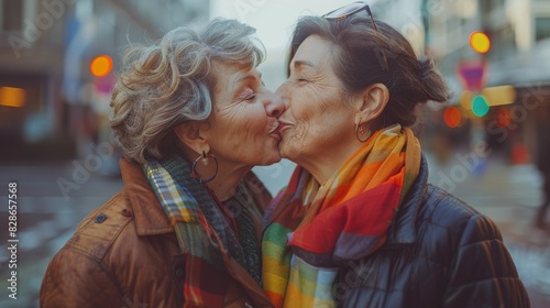 Mature women with their faces obscured sharing a warm embrace on a busy urban street, signifying connection © familymedia