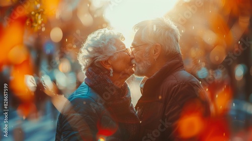 An endearing moment between a couple is conveyed with their faces hidden, amidst a warmly lit autumnal scene