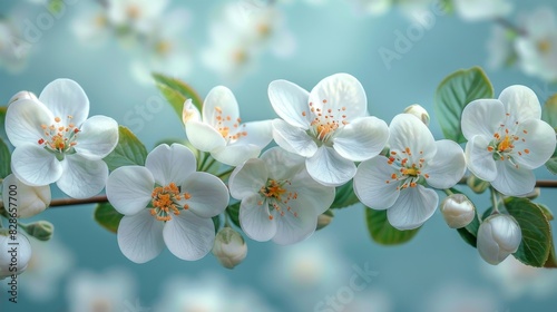 Blossoming branch of cherry flowers set against a gentle blue background, evoking spring beauty © familymedia