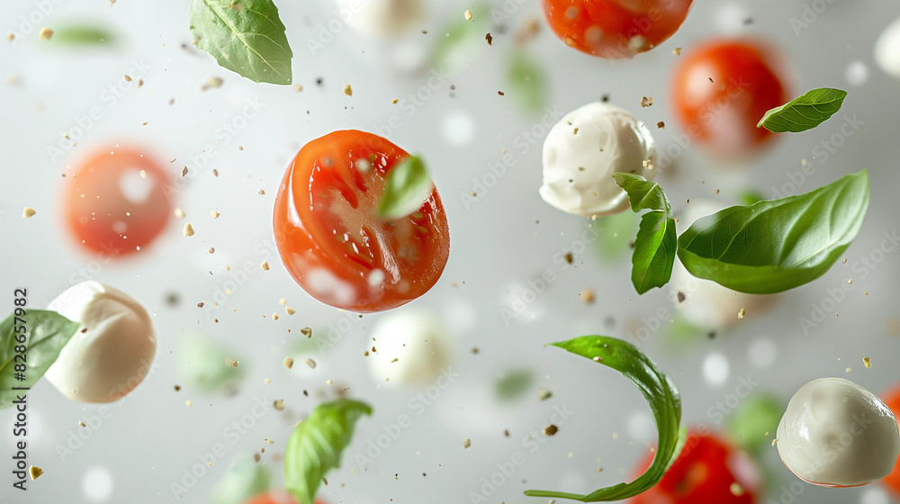 caprese salad against soft red background, caprese salad flying through the air against a soft white background caprese salad against soft red background, caprese salad flying through the air against a soft white background