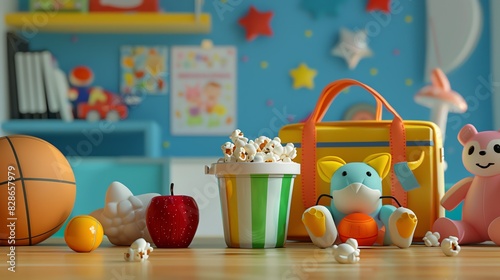 A brightly colored room with a variety of toys and objects.
