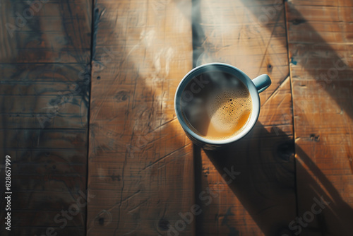 top-down view of a steaming cup of coffee placed on a simple, natural wooden table. The wood has a light, warm tone, and the cup is positioned slightly off-center, adding a touch o