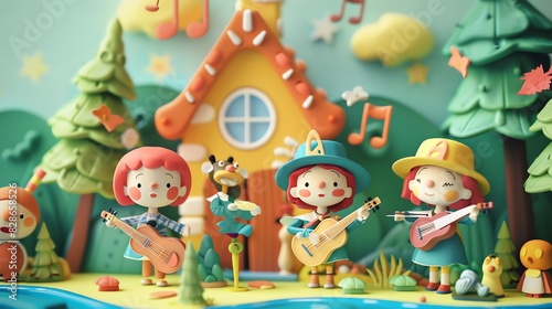A colorful 3D illustration of a band of three cute characters playing music in a whimsical forest setting.