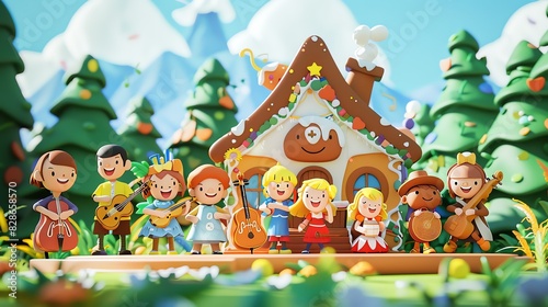 Wallpaper Mural A group of seven children are playing music in front of a gingerbread house. Torontodigital.ca