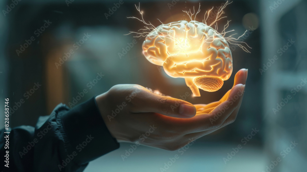 A hand holds a glowing brain symbolizing ideas and brainpower against a dark background A hand holds a glowing brain symbolizing ideas and brainpower against a dark background