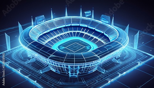 A holographic blueprint of a football stadium  its iconic form outlined in intricate neon blue patterns  suspended against a dark void.